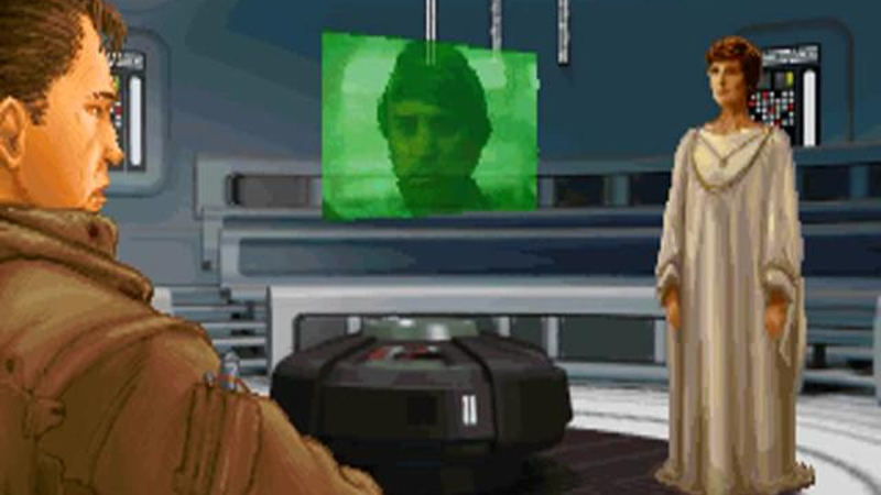 Kyle Katarn is briefed by a wonderfully pixellated Crix Madine and Mon Mothma in the opening of Dark Forces.